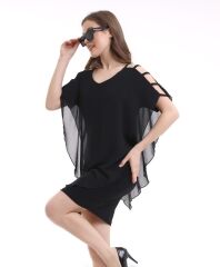 Kadın V Yaka Kolu Bağcık Detaylı Şifonlu Fırsat Ürün Diz Üstü Elbise