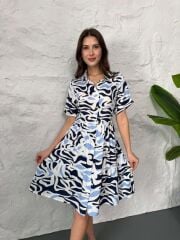 Baskılı Keten Elbise - Lacivert