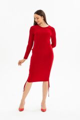 Kadın Uzun Kol Büzgü Detaylı Sandy Kumaş Ayarlanabilir Boy Fırsat Ürün Elbise