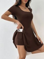 Kadın Kısa Kollu Kare Yaka Short Detaylı Cepli Dalgıç Elbise