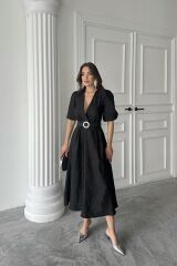 Siyah Işıltılı Kemerli Kruvaze Elbise