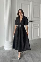 Siyah Işıltılı Kemerli Kruvaze Elbise