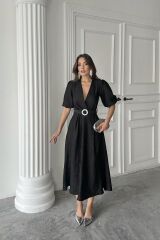 Siyah Işıltılı Kemerli Kruvaze Elbise