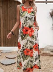 Kadın Askılı Yuvarlak Yaka Cepli Desenli Süprem Elbise