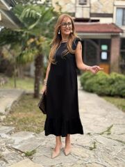 Kadın Omuzlardan Büzgülü Kayık Yaka Fırfırlı Janjan Krep Elbise