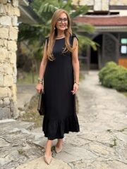 Kadın Omuzlardan Büzgülü Kayık Yaka Fırfırlı Janjan Krep Elbise