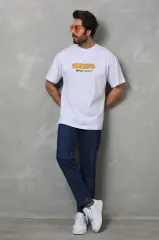 Unisex Bisiklet Yaka Baskılı Oversize T-Shirt - Beyaz