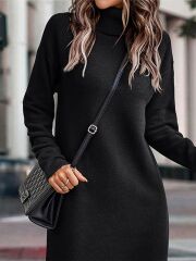 Kadın Uzun Kollu Boğazlı Yaka Yanları Yırtmaç Detay Triko Mini Boy Elbise