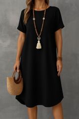 Kadın Kısa Kollu Kayık Yaka Bürümcük Elbise