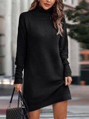 Kadın Uzun Kollu Boğazlı Yaka Yanları Yırtmaç Detay Triko Mini Boy Elbise