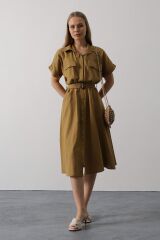 Kuşaklı Cep Detaylı Yarım Kol Elbise - Yağ Yeşili