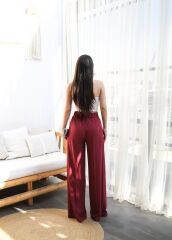 Keten Önü Çapraz Parçali Lasti̇kli̇ Ve Bağcikli Geni̇ş Paça Pantolon