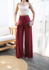 Keten Önü Çapraz Parçali Lasti̇kli̇ Ve Bağcikli Geni̇ş Paça Pantolon