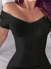 Kadın Kısa Kollu V Yaka Fitilli Triko Elbise