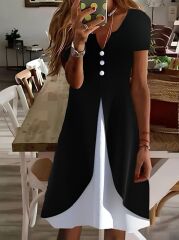 Kadın Kısa Kollu V Yakalı önden Düğmeli çift Renkli Viskon Elbise