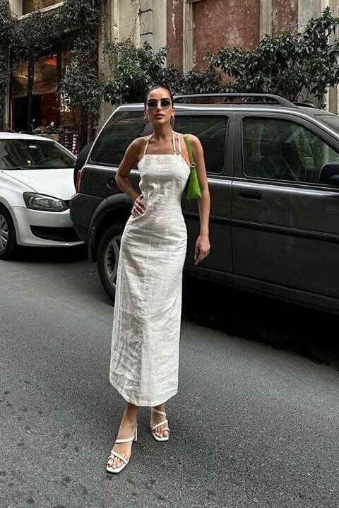 Trisha Sırt Dekolteli Keten Elbise 2496-20 ELBİSE