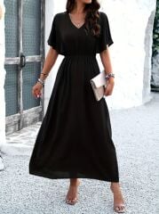 Kadın Kısa Kollu V Yakalı Beli Lastikli Uzun Viskon Elbise
