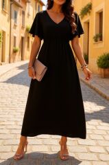 Kadın Kısa Kollu V Yakalı Beli Lastikli Uzun Viskon Elbise