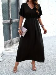 Kadın Kısa Kollu V Yakalı Beli Lastikli Uzun Viskon Elbise