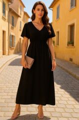 Kadın Kısa Kollu V Yakalı Beli Lastikli Uzun Viskon Elbise