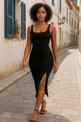 Kadın Askılı Kare Yaka Yandan Yırtmaçlı Midi Kaşkorse Elbise