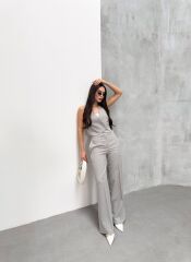 Toskana Çi̇zgi̇li̇ Kruvaze Yaka Tek Düğmeli̇ Yelek Pantolon Takim