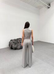 Toskana Çi̇zgi̇li̇ Kruvaze Yaka Tek Düğmeli̇ Yelek Pantolon Takim