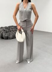 Toskana Çi̇zgi̇li̇ Kruvaze Yaka Tek Düğmeli̇ Yelek Pantolon Takim