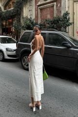 Trisha Sırt Dekolteli Keten Elbise 2496-20 ELBİSE