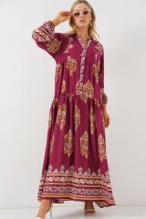 2423 Otantik Desenli Tesettür Elbise - Z.Bordo