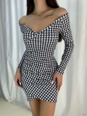 Kadın Kazayağı Desenli Kruvaze Yaka Mini Krep Elbise