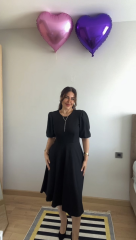 Kadın Kısa Balon Kollu Bisiklet Yaka Kiloş Janjan Krep Elbise