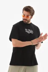 Unisex Bisiklet Yaka Baskılı Oversize T-Shirt - Siyah