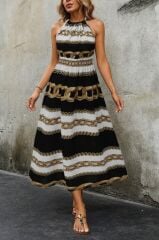 Kadın Kolsuz Boyundan Bağlamalı Beli Lastikli Dijital Baskı Süprem Uzun Elbise