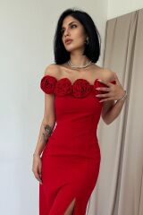 Kırmızı Madonna Yaka Güllü Elbise