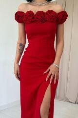 Kırmızı Madonna Yaka Güllü Elbise