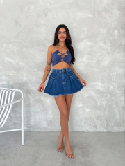 Şık Pileli Yazlık Mini Etekli Kot- Saks Mavisi