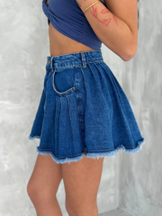 Şık Pileli Yazlık Mini Etekli Kot- Saks Mavisi