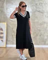 Kadın Kısa Kollu V Yaka Kol Ve Yaka Ribana Detay Midi Boy Viskon Elbise