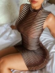 Kadın Sıfır Kol Desenli Mini Bodycon Dalgıç Elbise