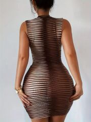 Kadın Sıfır Kol Desenli Mini Bodycon Dalgıç Elbise