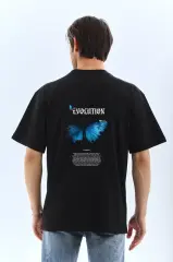 Unisex Bisiklet Yaka Baskılı Oversize T-Shirt - Siyah