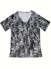 Kadın V Yaka Renkli Leopar Desen Büzgü Detay Süprem Bluz