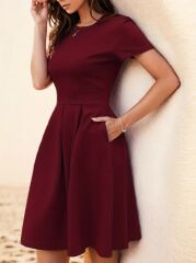Kadın Kısa Kollu Bisiklet Yaka önden Pile Detaylı Janjan Krep Elbise