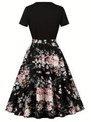 Kadın Kısa Kollu Bisiklet Yaka çiçek Desenli üst Viskon Alt Süprem Kısa Elbise