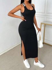 Kadın Yuvarlak Yaka Sırttan çapraz şerit Love Detaylı Yırtmaçlı Viskon Elbise